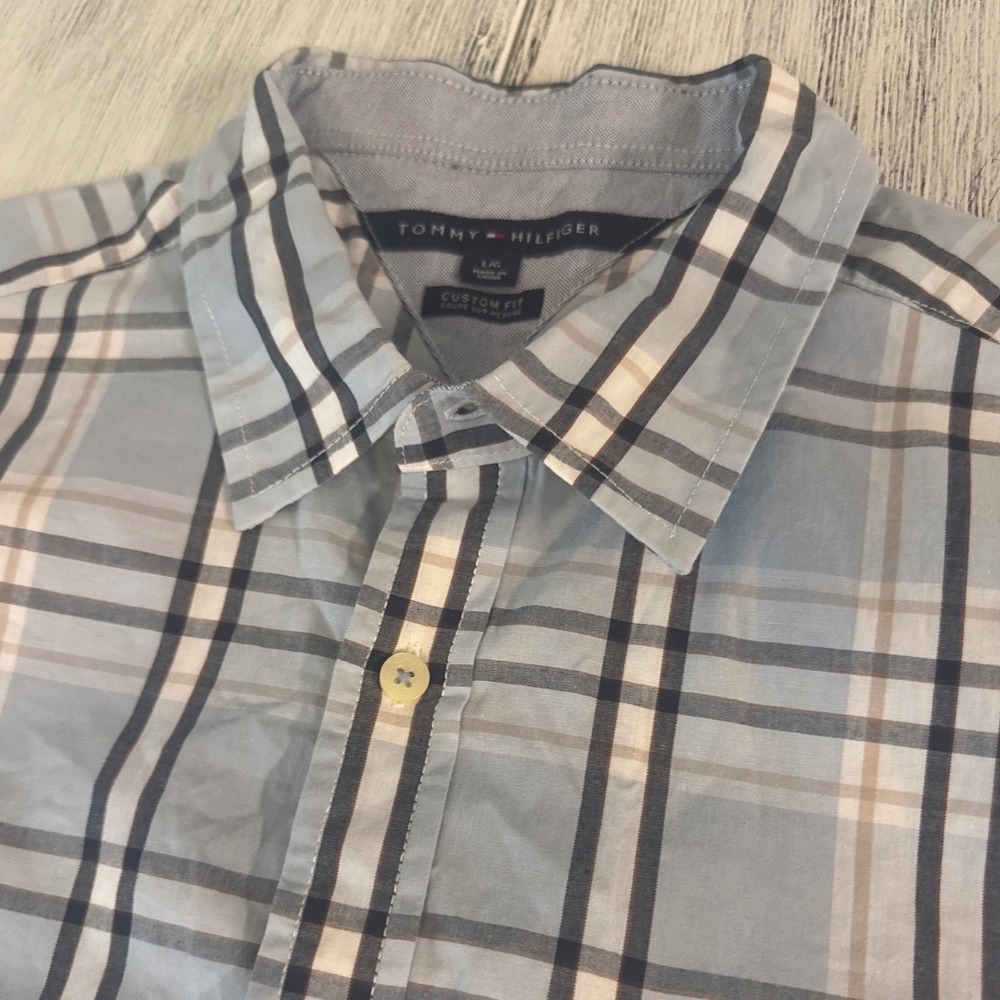 Tommy‎ Hilfiger Mens Custom Fit Plaid Short Sleeve Button Down Shirt Blue Large